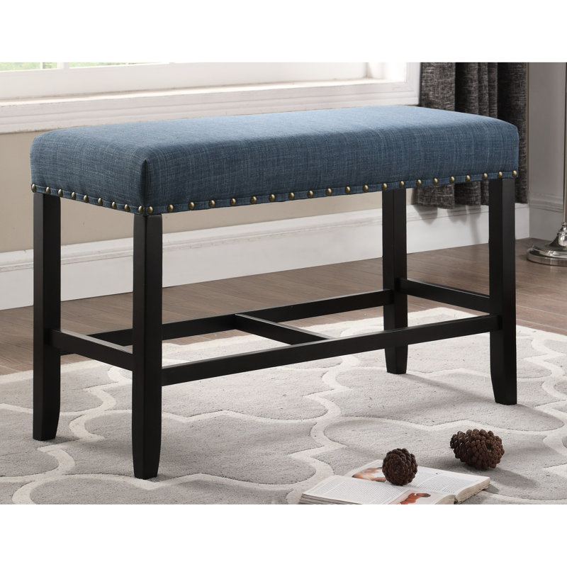 Blue Upholstered Bench For Dining With Stable Solid Hardwood Support And Decorative Trim Fabric In Seat Sophisticated, Blue