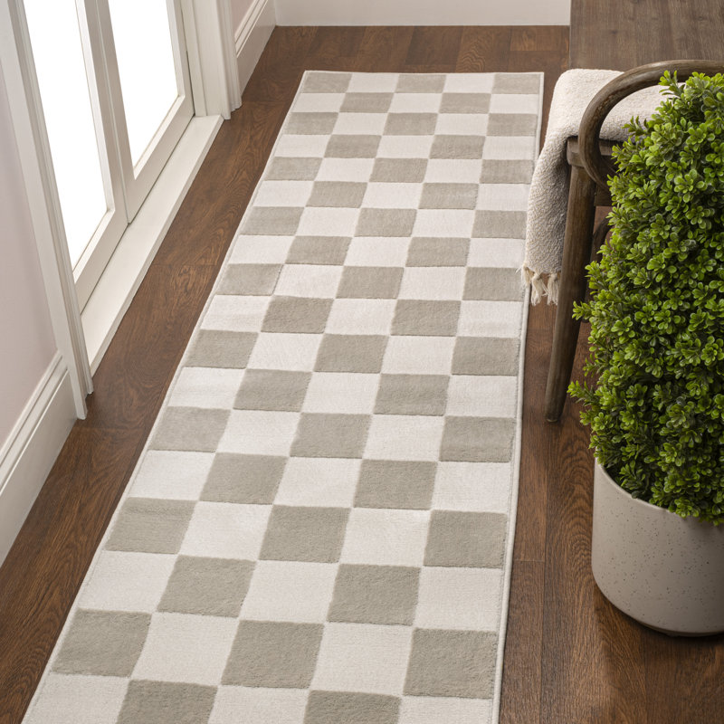 Nimco Modern Geometric Checkerboard High-Low Beige/Cream Rug, Runner 2' x 8'