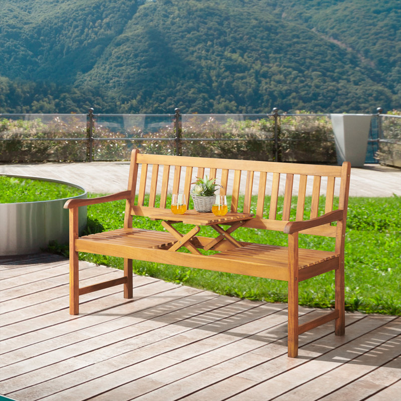 Aney 60" Wide Solid Wood Two Seat Bench With Pop Up Table