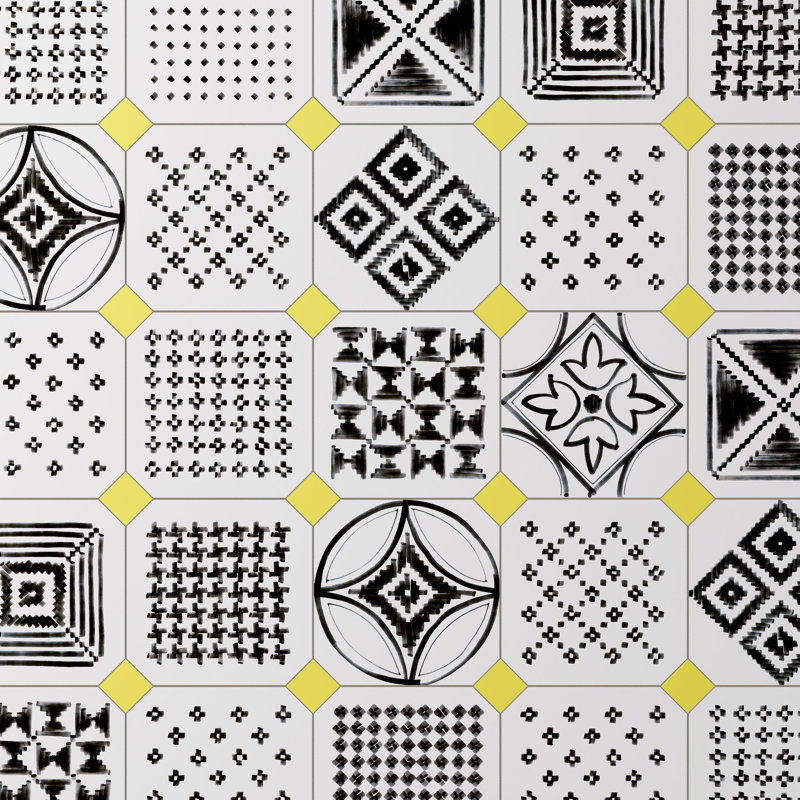 Sombra vaudoise octogonale avec taco 7-7 / 8 po X 7-7 / 8 po Carreau de porcelaine pour plancher et mur, Blanc / noir / jaune
