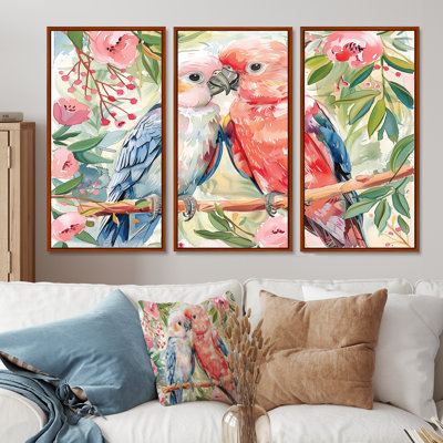 Pink Green Parrot Love Birds II - Parrot Wall Art Print Set