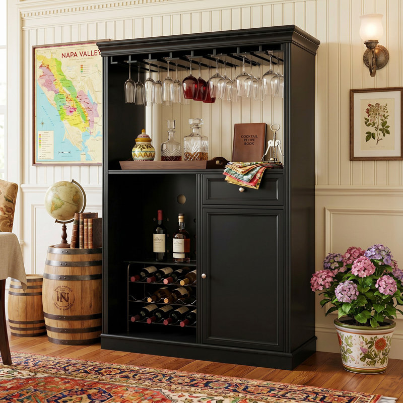Bar 64,5 "H noir avec support et tiroir en verre