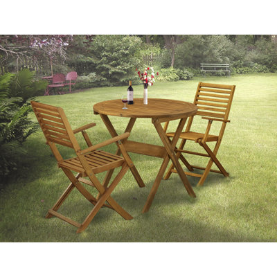 3 Piece Outdoor Conversation Bistro Set Contains a Round Acacia Wood Coffee Table and 2 Folding Arm Chairs, Natural Oil