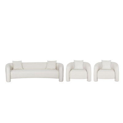 Sylvia 3-Piece Modern Glam Living Room Set with Tweed Upholstered Sofa and Two Accent Chairs in Ivory