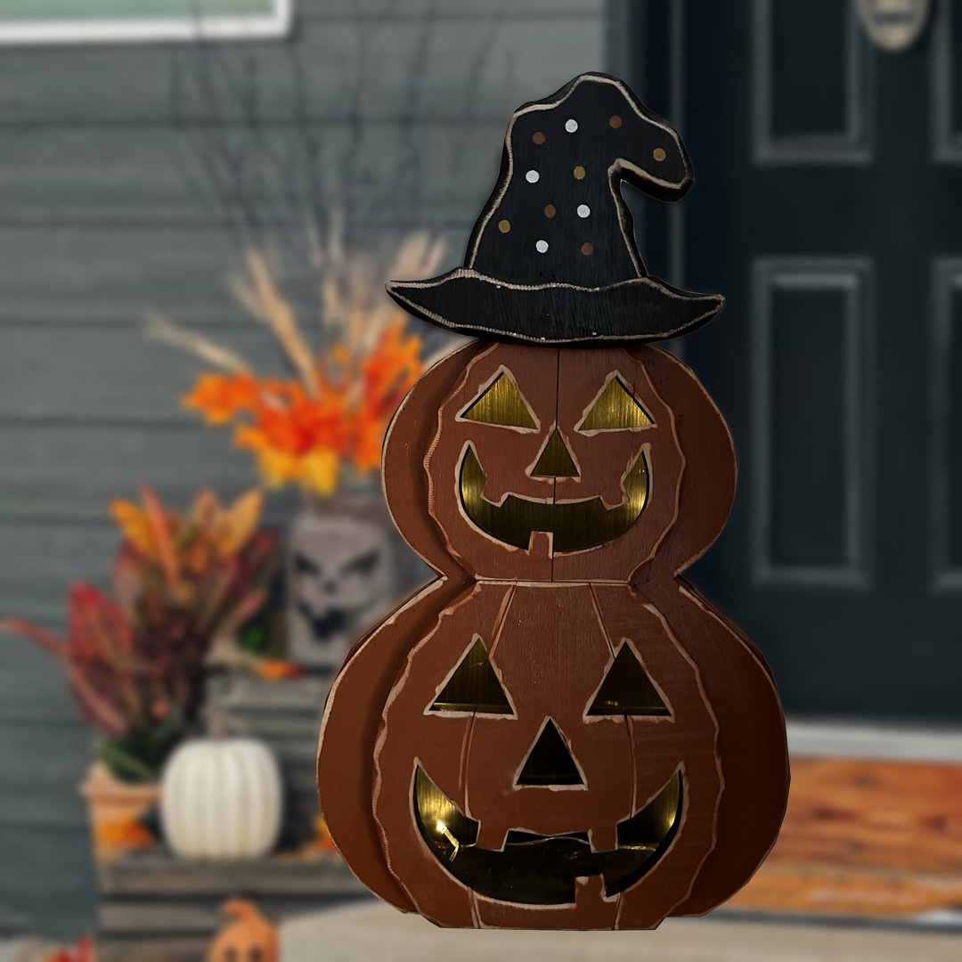 25in Wooden Lighted Jack O Lantern with Hat and Timer Battery Operated Halloween Decor Hi-Line Gift Ltd.