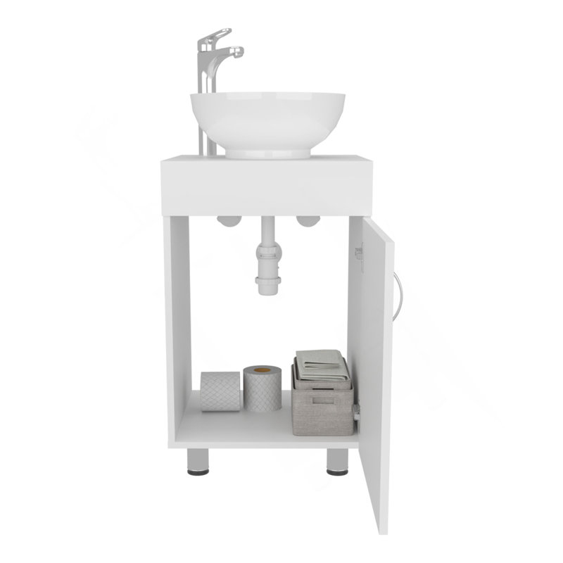 Tacna 18" Wide Free Standing One Door Vanity, With Vessel Porcelain Sink, Bathroom Storage, White, White