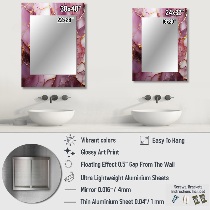 Rose et or rivière de marbre I - miroir mural abstrait unique, miroir moderne, impression sur métal, 32 po x 24 po