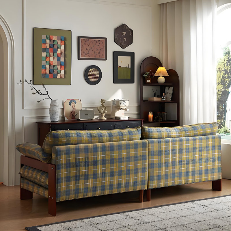 Canapé en bois de frêne à carreaux jaune et bleu American Retro, 33.46" H x 102.36" W x 37.8" D
