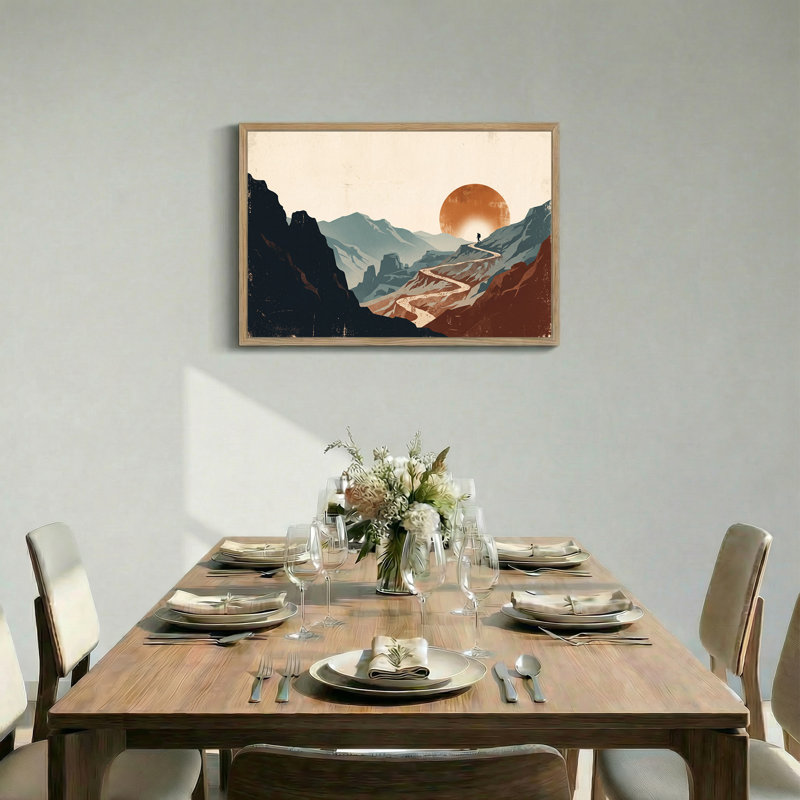 Silhouette, randonneur sur un chemin sinueux dans des montagnes rouillées et bleu sarcelle, art sur toile, H 18 po x l 24 po