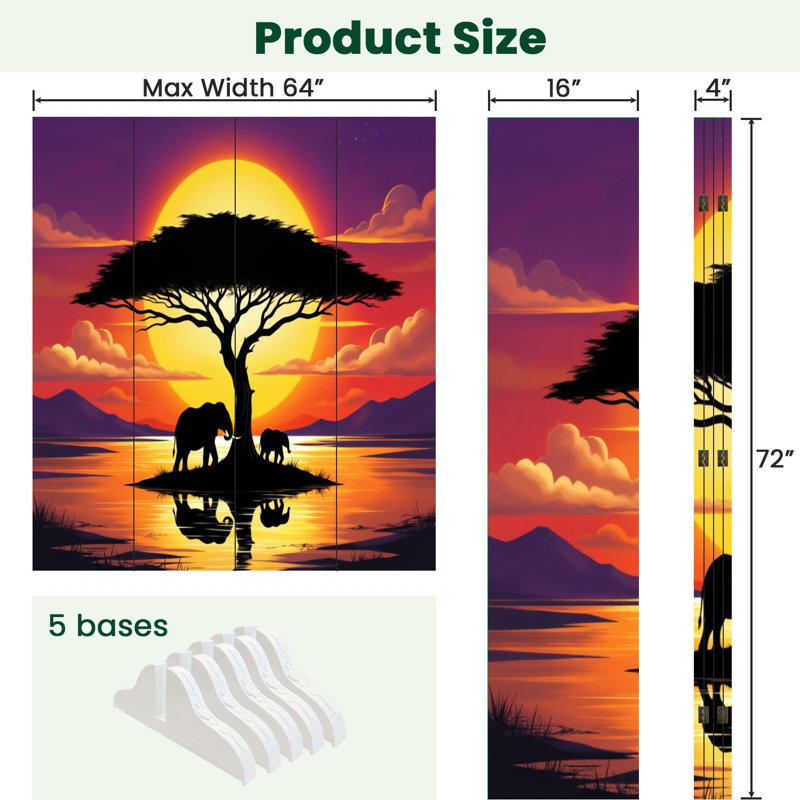 Cloison pliante 4 panneaux Royal Elephants Silhouetted Against Vibrant Sunset Tree Reflection Toile Séparateur de pièce, 4