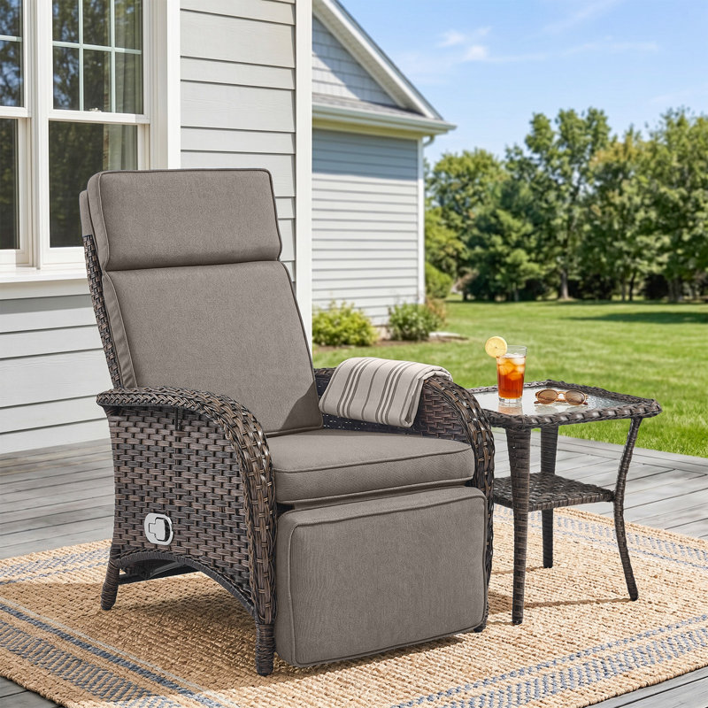 Serita Outdoor PE Wicker Adjustable Reclining Lounge Chair With Cushions, Gray