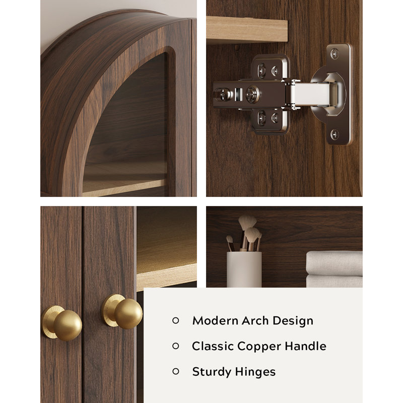 Modern Arch Wall-Mounted Storage Cabinet – Adjustable Shelf, Copper Handle, 22Lbs Load Capacity Per Shelf, Brown