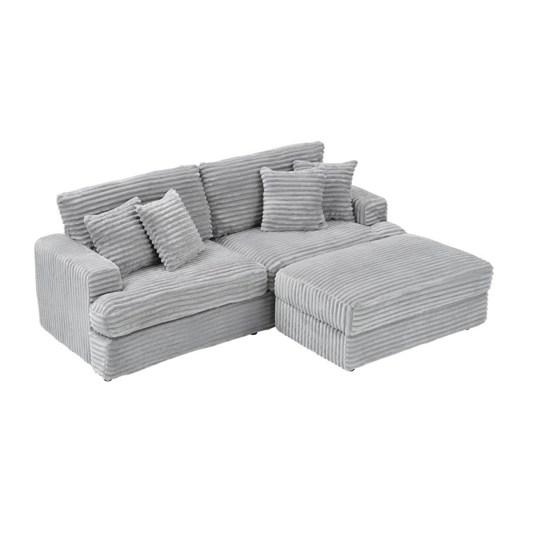Canapé 88,58 pouces en velours côtelé gris avec un seul pied de rangement et quatre coussins, doux et élégant pour le salon et le bureau