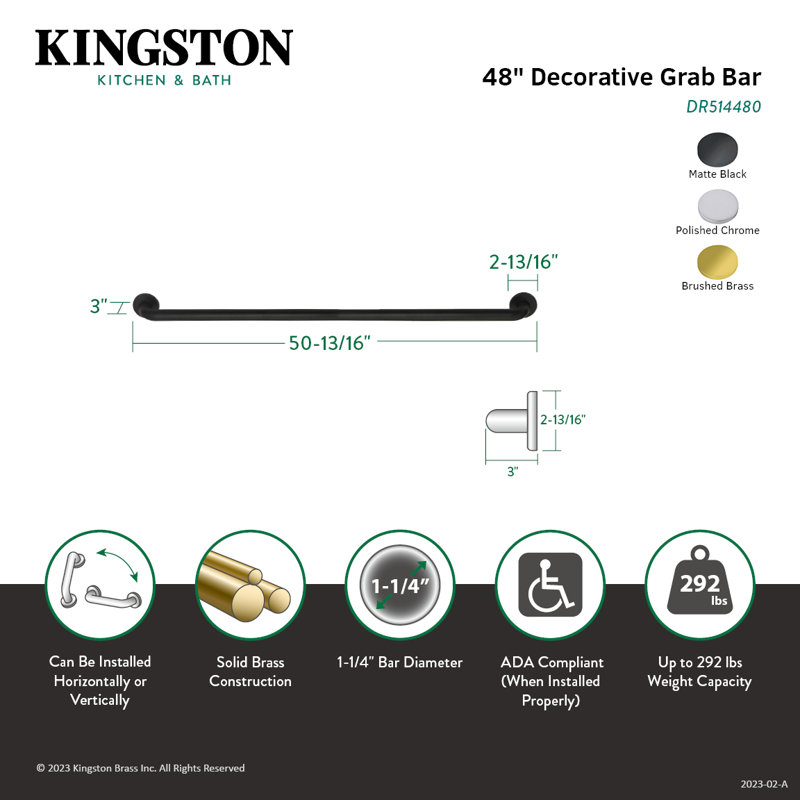 Kingston Brass Meridian 1-1/4 Inch O.D Grab Bar, Matte Black