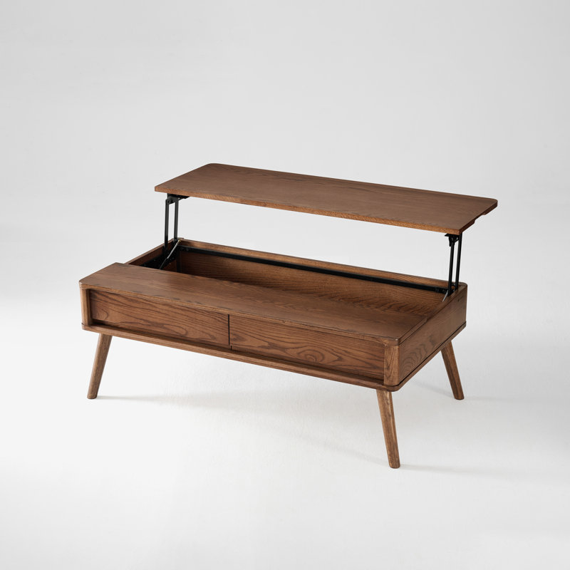 47"W Solid Oak Lift Top MCM Coffee Table with Storage, 47.3"L x 23.6"W, Red Oak & Brown Stain