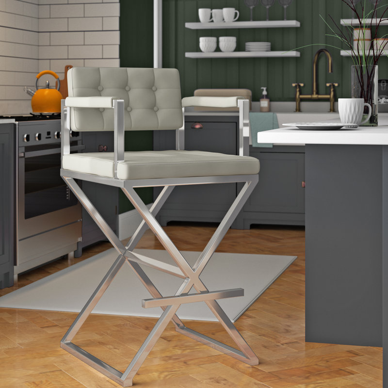 Upholstered Counter Stool with Metal Frame, White Faux Leather, Bar Stool (30" Seat Height), Stainless Steel