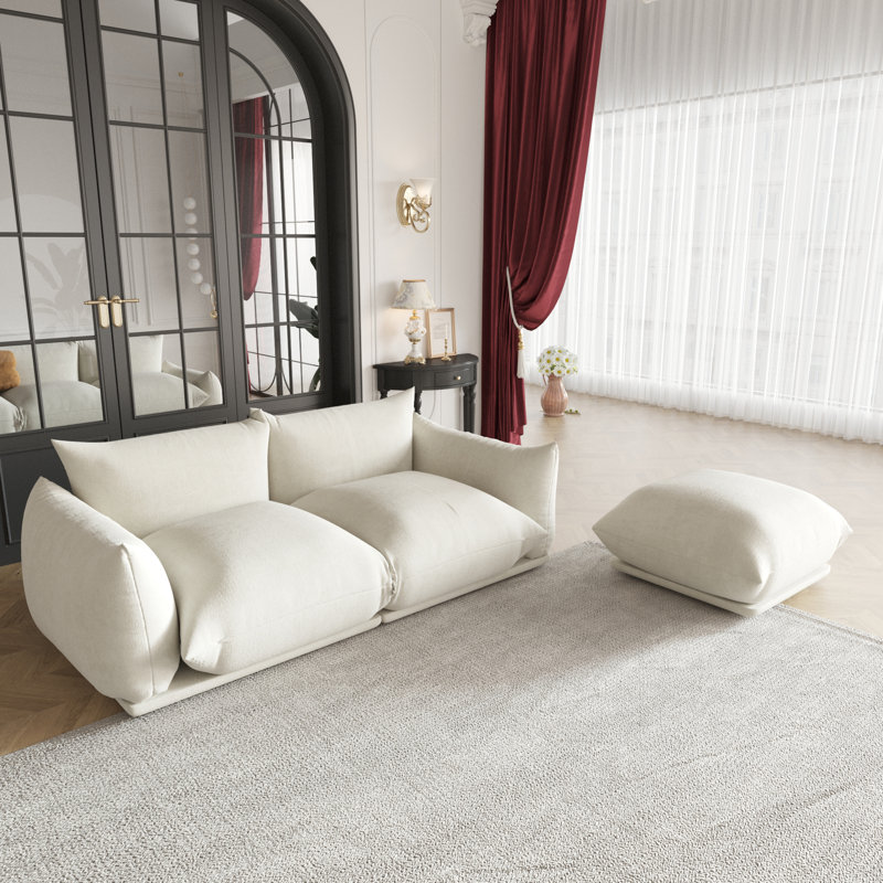 Minarik 2-Seat Chenille Fabric Upholstered Round Arm Sectional Loveseat With Ottoman, Beige