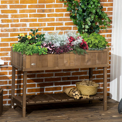 Lit de jardin surélevé en bois brun foncé de 43,25 po x P 18 po x H 30 po avec 8 boîtes à fleurs et une tablette pour différents types d'herbes, de légumes et de fleurs 43,25 po x 18 po x 30 po