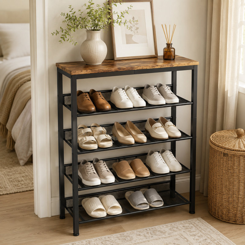 Rangement à chaussures réglable à 5 niveaux de style industriel avec 4 tablettes en filet, idéal pour le vestibule, le salon, la chambre à coucher et le porche