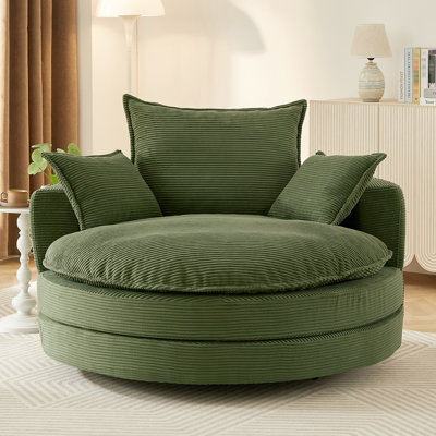 Fauteuil pivotant rond avec coussin double couche et oreiller de soutien, assise profonde, rotation silencieuse à 360°, velours côtelé doux, montage facile, 3 niveaux d'inclinaison, soutien complet du corps, sans effort