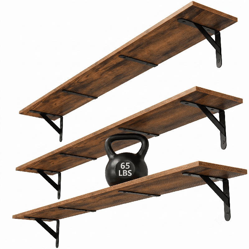 Floating Shelves for Wall 48″W x 8″D, Long Wall Mounted Shelves Set of 3, Wood Book Shelves Decor, Farmhouse Display Shelf for Bedroom, Living Room, Laundry Room, Kitchen, Bathroom, Brown