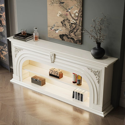 White Solid + Manufactured Wood Freestanding TV Cabinet Fireplace