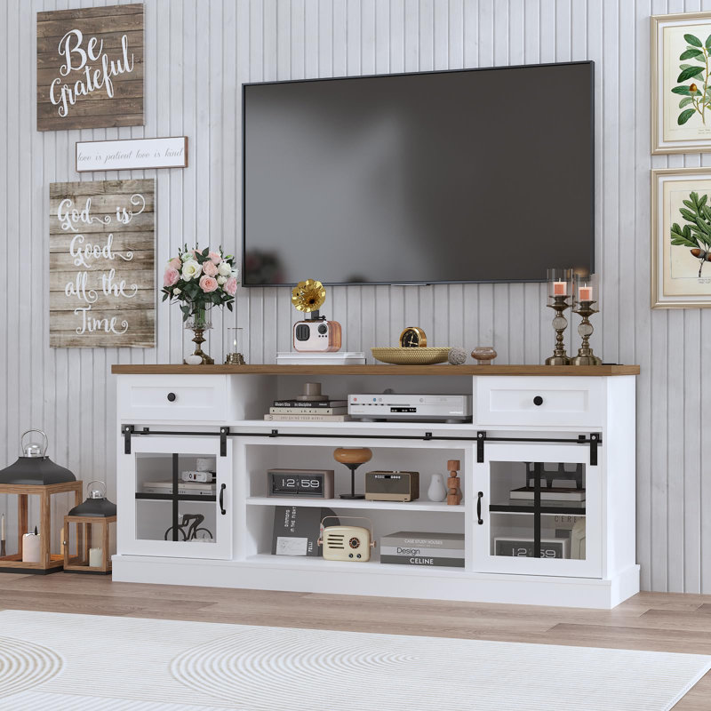 Garvee Farmhouse TV Stand for 75 in TVs, Media Console Table with 2 Drawers, Power Outlets, Barn Doors, Entertainment Center with Adjustable Shelves for Home & Office, 66"w