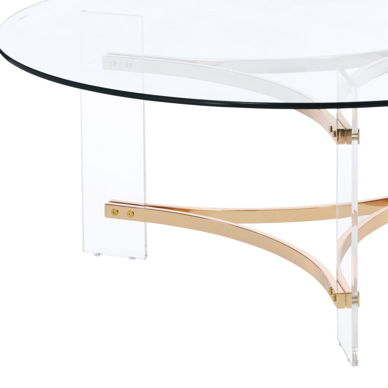 Table basse dorée, avec un plateau rond moderne en verre trempé de 10 mm, reposant sur une structure triangulaire en métal et une base en acrylique, polyvalente pour les espaces de vie, les bureaux, facile à nettoyer et à assembler rapidement
