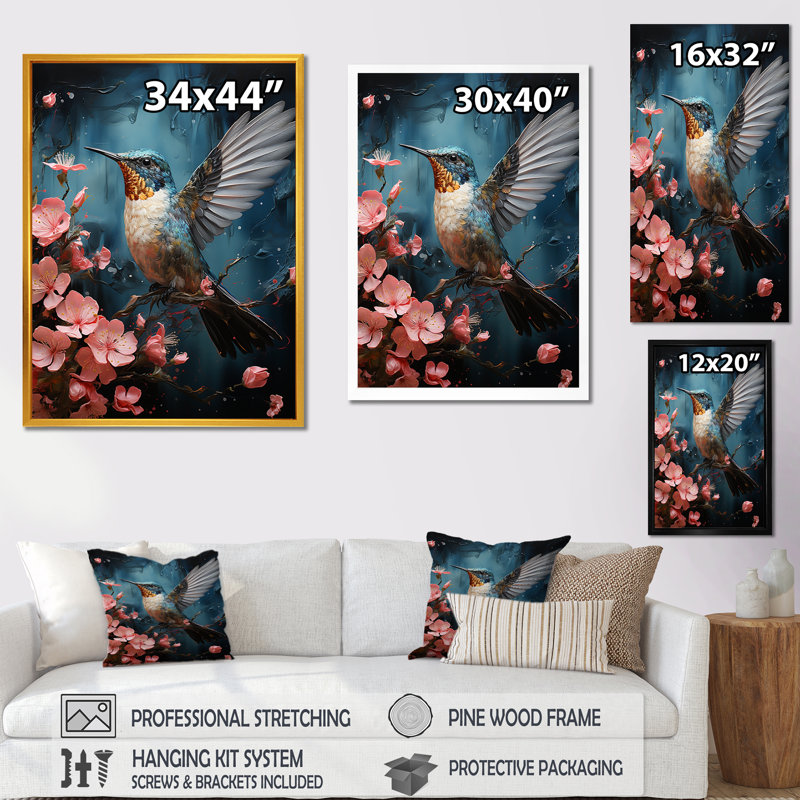 Art floral bleu colibri - Colibri, Cadre flottant noir, H 44 po x l 34 po x P 1,5 po