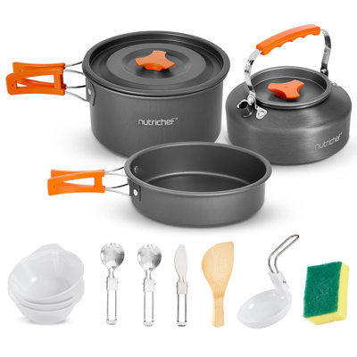 Nutrichef Camping Cookware Set - Lightweight Nonstick Pots, Pans, Utensils, Bowls, Cutlery, And Cleaning Tools With Mesh Bag, Foldable Handles, Compac