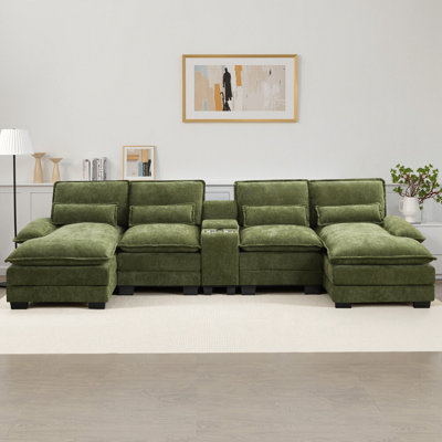 126" W U-Shape Sectional With Console & Cup Holders And USB Ports