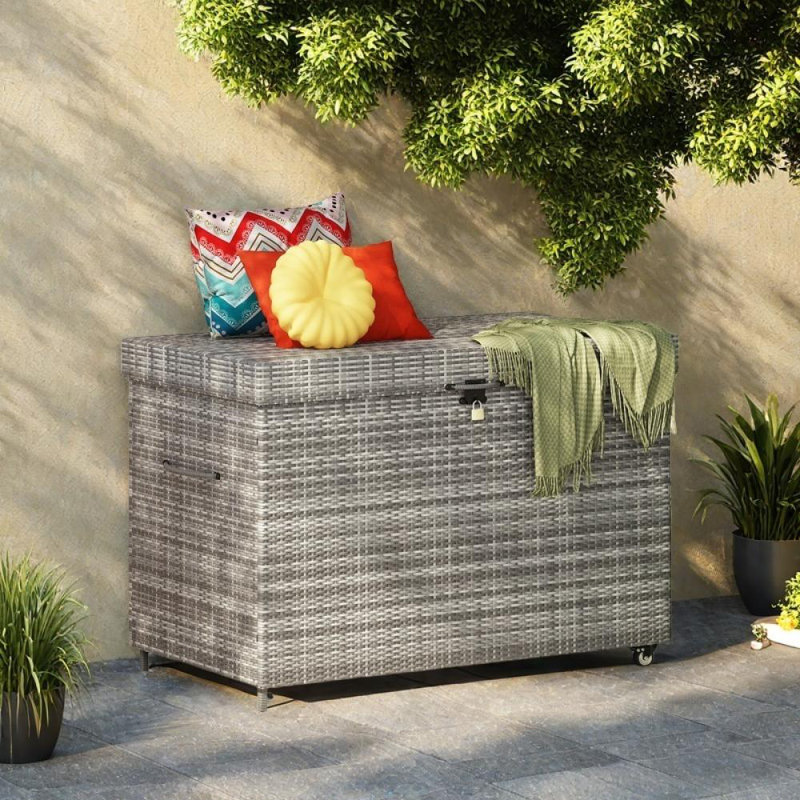 Coffre de terrasse en osier avec roulettes 230 gallons, rangement extérieur pour meubles de patio, coussins, outils de piscine