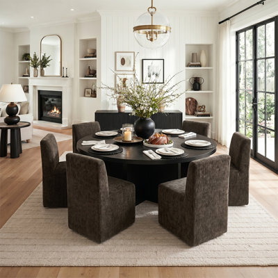 7-Piece Round Dining Table Set With Fully Assembled Upholstered Chairs On Casters