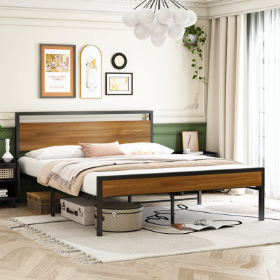 Queen Size Bed Frame with Wood Headboard & Footboard - Industrial-Modern Steel Platform Base, 1000lbs Capacity, Fits 84" L x 63" W Mattress, Easy Assembly & Noise Free Design