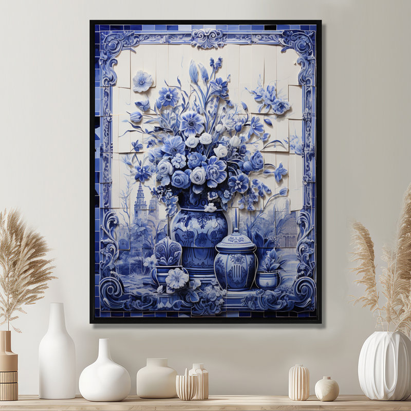 Art mural bleu et blanc Boho Flower Pottery II - Boho Pottery, H 32 po x l 16 po x P 1 po, Cadre flottant noir