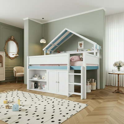 Lit mezzanine double avec toit de maison et rangement multiple
