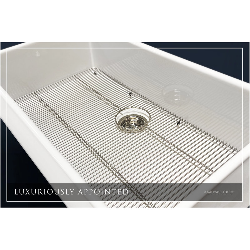 Luxury 36-Inch Solid Fireclay Farmhouse Sink, Flat Front, Polished Nickel Accessories