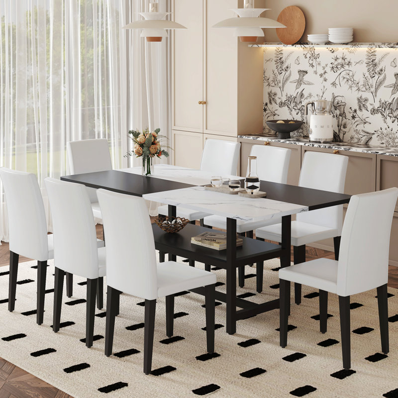 Table de salle à manger blanche et noire épissée de 71 pouces avec 8 chaises en polyuréthane, rangement sous la table, résistante à l'usure et rangement