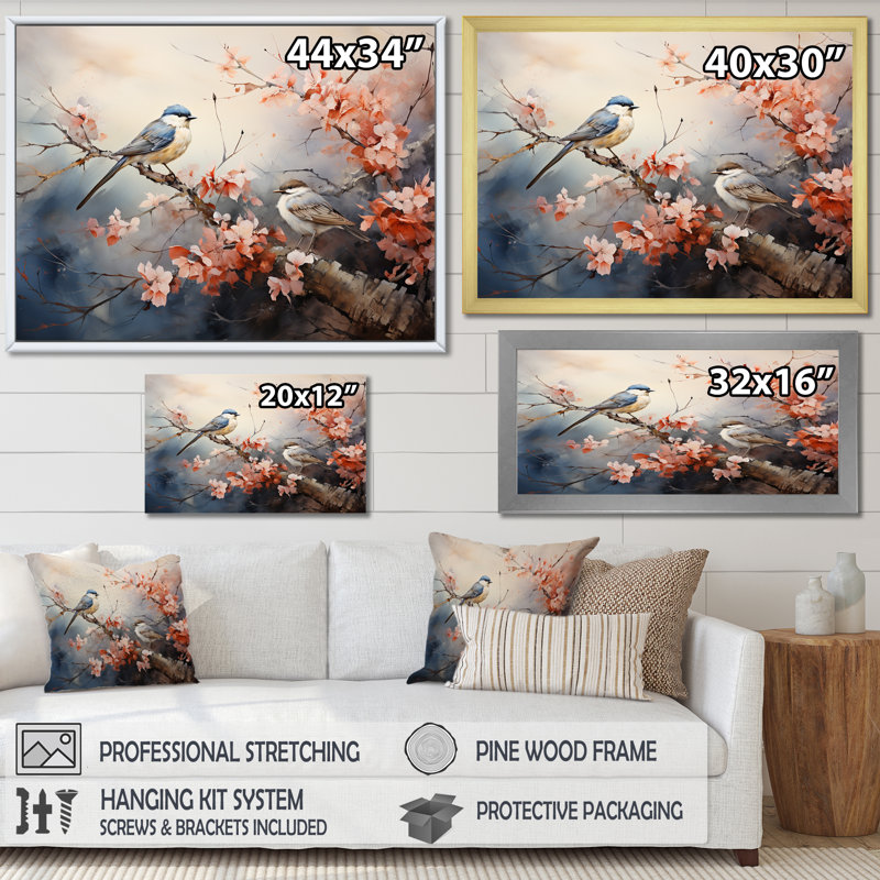 Oiseaux roses et bleus sur un arbre en fleurs II - Art mural oiseau, Toile tendue, H 32 po x l 24 po x P 1 po