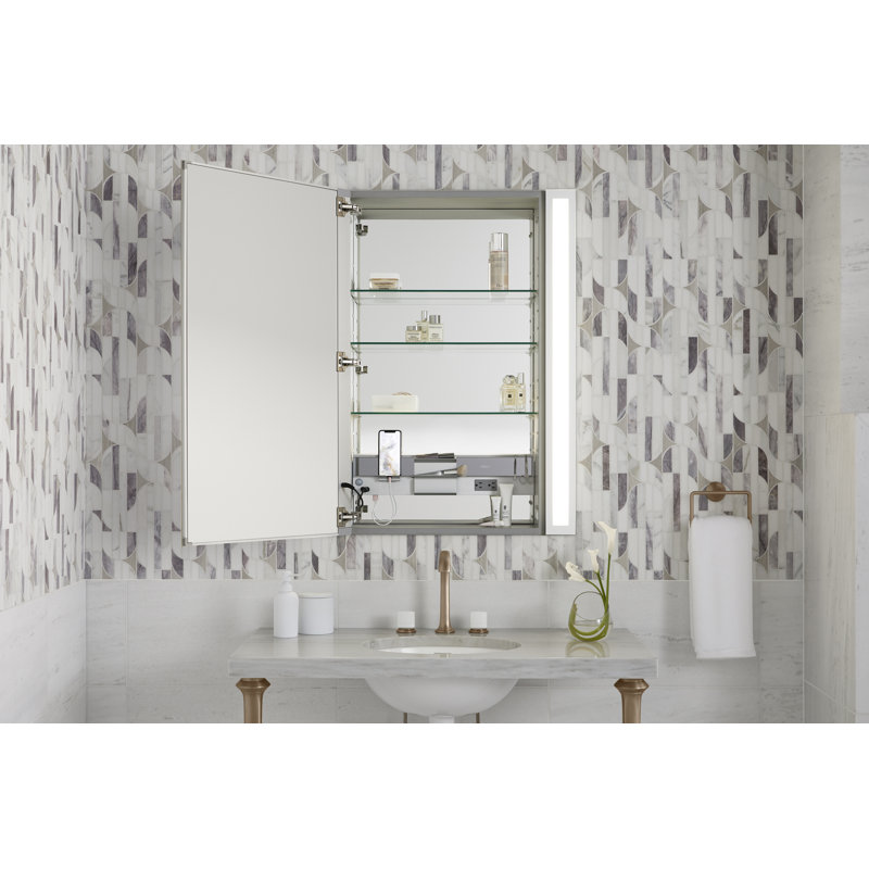 M Series Recessed Framed Medicine Cabinet with 3 Adjustable Shelves, Lighting, and Electrical Outlet, Left Hand