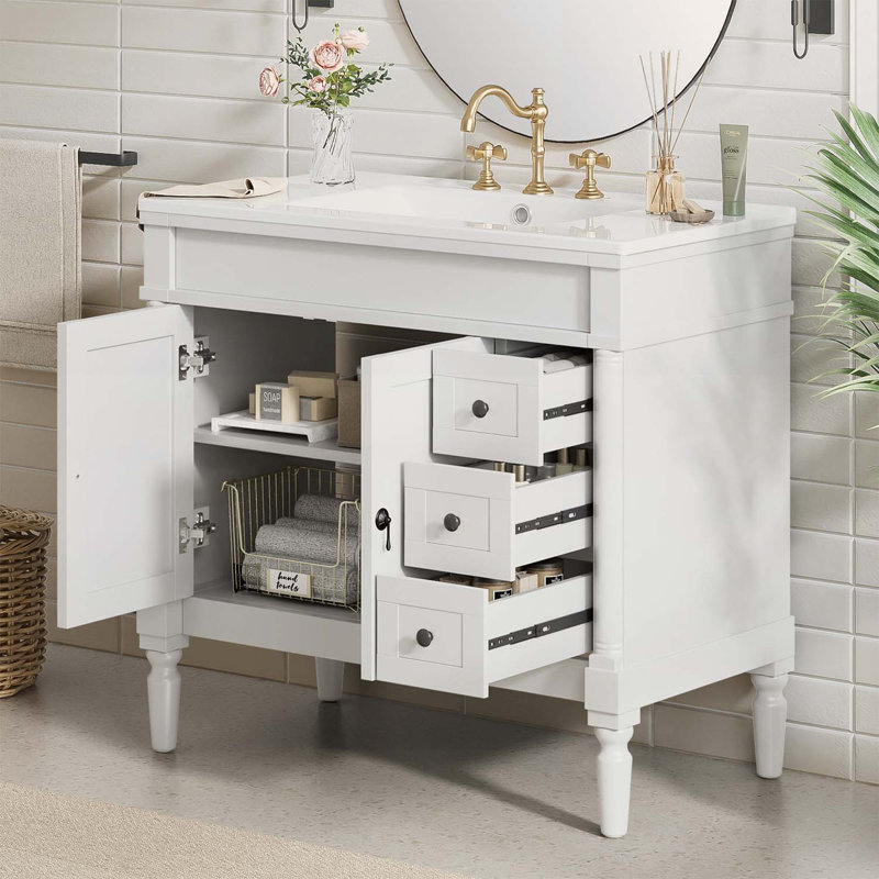 Meuble-lavabo de 36 pouces avec lavabo, conception à plusieurs tiroirs pour une organisation efficace, White