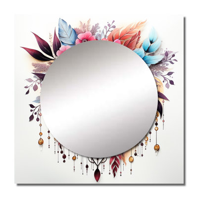 Red Boho Flowers And Blue Feathers II - Dream Catcher Square Mirror Wall Art For Bathroom