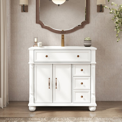 35.6" Bathroom Vanity Sink With Roman Column Base, High - Quality Solid Wood, Metal Handles, And A Hardness White Mid Century Design, Ample Storage, An Easy To Assemble Structure