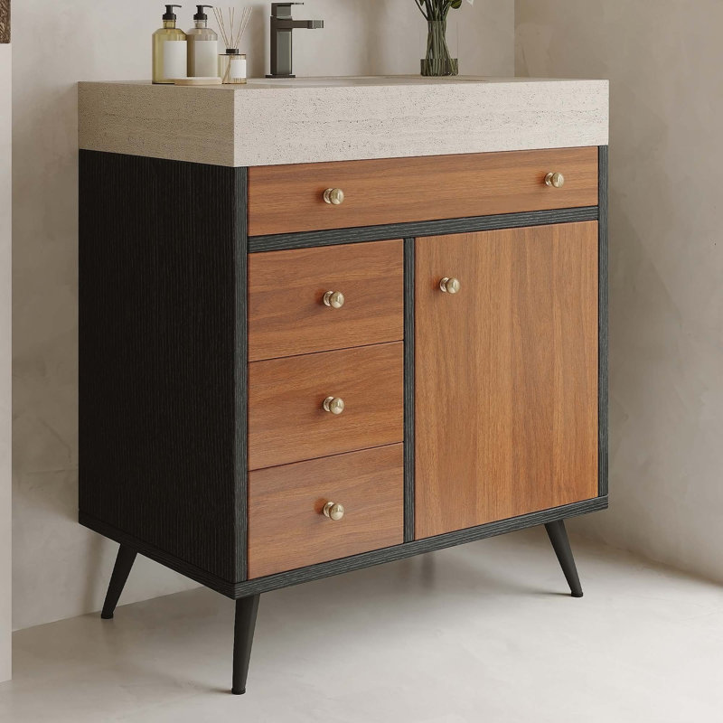 Meuble-lavabo moderne autoportant avec lavabo en céramique et plateau en pierre frittée, solution de rangement durable et élégante