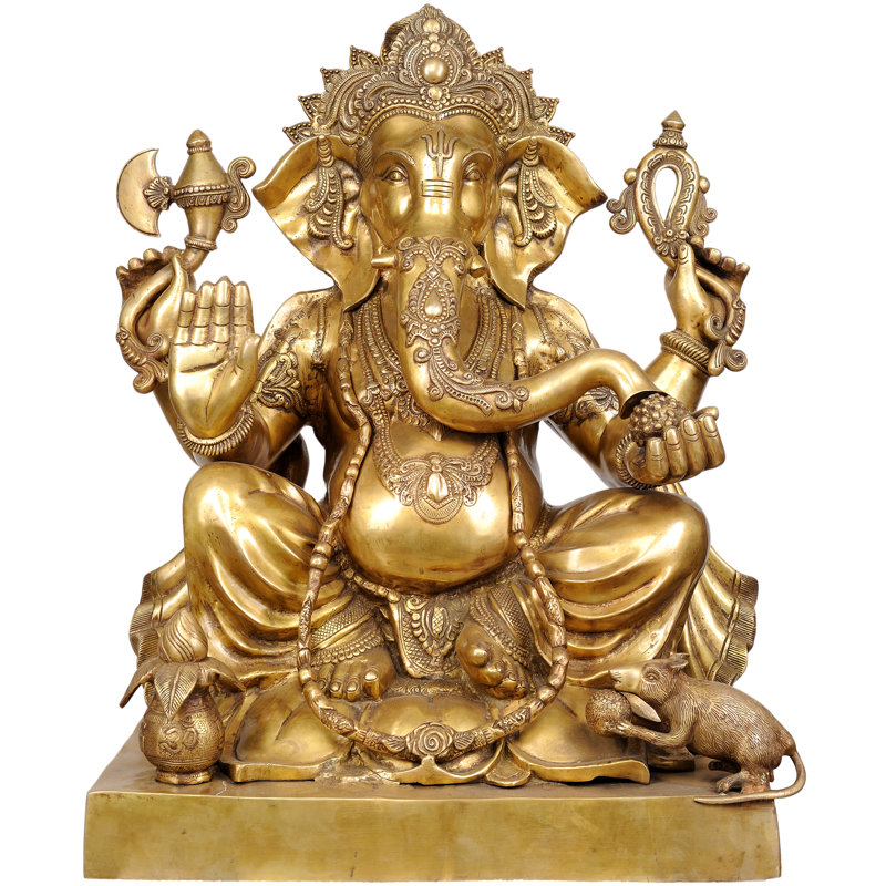 Grande statue en laiton fabriquée à la main de 31 po Ganesha - divinité emblématique de l'Hindou, décoration indienne pour autel, entrée et jardin