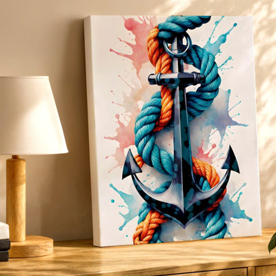 Nautical Anchor Rope Watercolor Coastal Marine Canvas Wall Art Print for living room, bedroom, office, hallway, entryway, gallery wall and modern home decor, decorative accent
