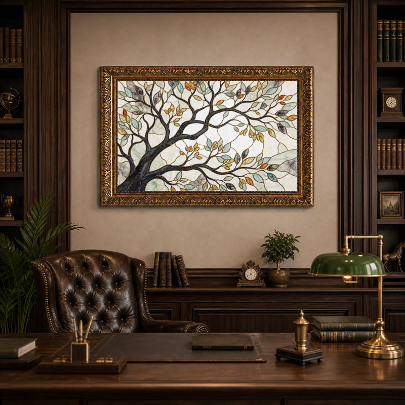 Tableau mural sur toile représentant un arbre de style vitrail aux feuilles turquoise et orange., 16"H x 24"W