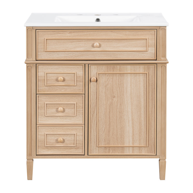 Meuble-lavabo de 30 po en grain de bois naturel avec lavabo en céramique, structure en bois massif, 1 tiroir escamotable, 1 support de porte et 2 tiroirs à fermeture en douceur (bois / bois clair)