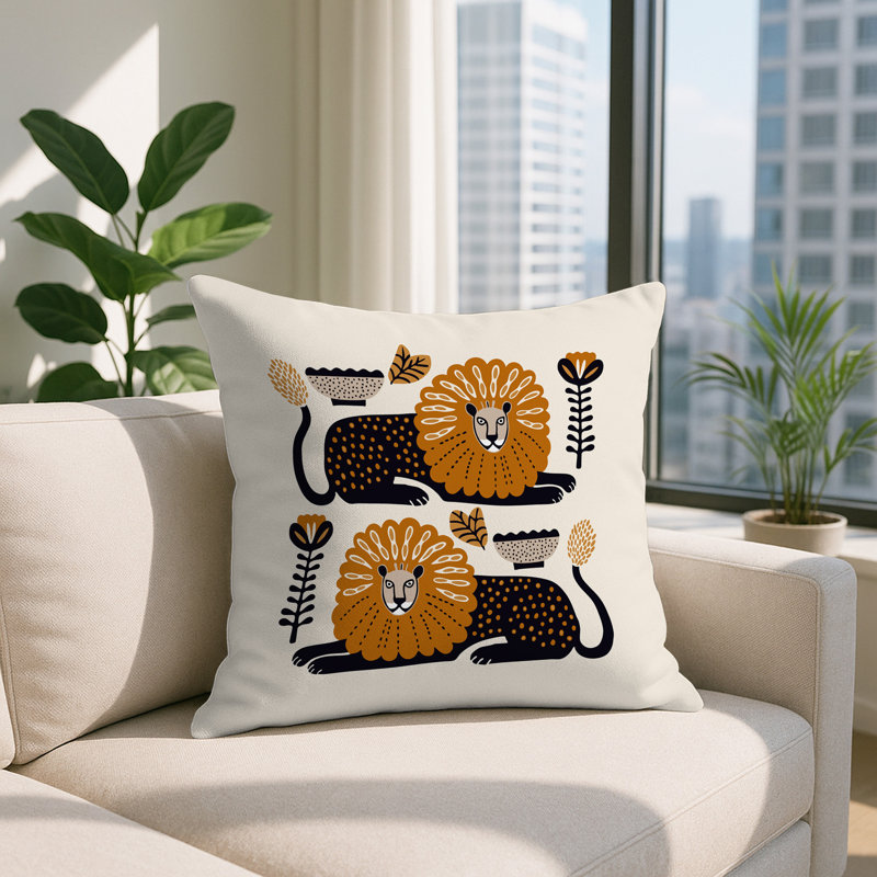 Oreiller carré réversible intérieur / extérieur Chiga Lion, Orange, Carré 17 po