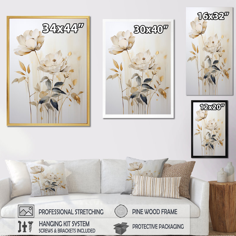 Beige minimalisme botanique sérénité III, reproduction d'art sur toile, Cadre flottant doré, H 20 po x l 12 po x P 1 po